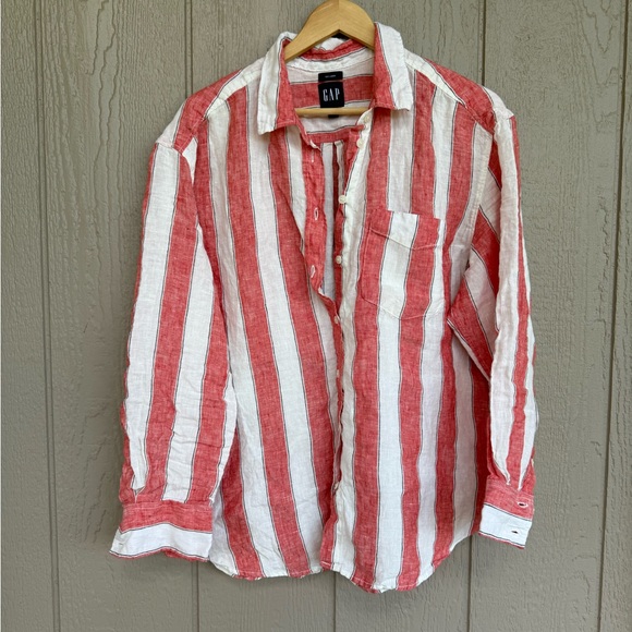 GAP Red and White Striped Women's Linen Button Down Shirt - Picture 1 of 3